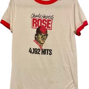 Vintage 80s Charlie Hustle Pete Rose 4,192 Hits Record Ringer Shirt Adult Medium